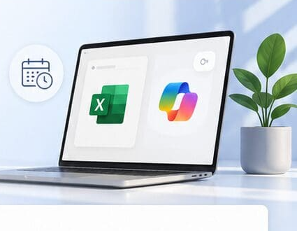 Laptop showing Microsoft Excel and Microsoft Copilot tiles