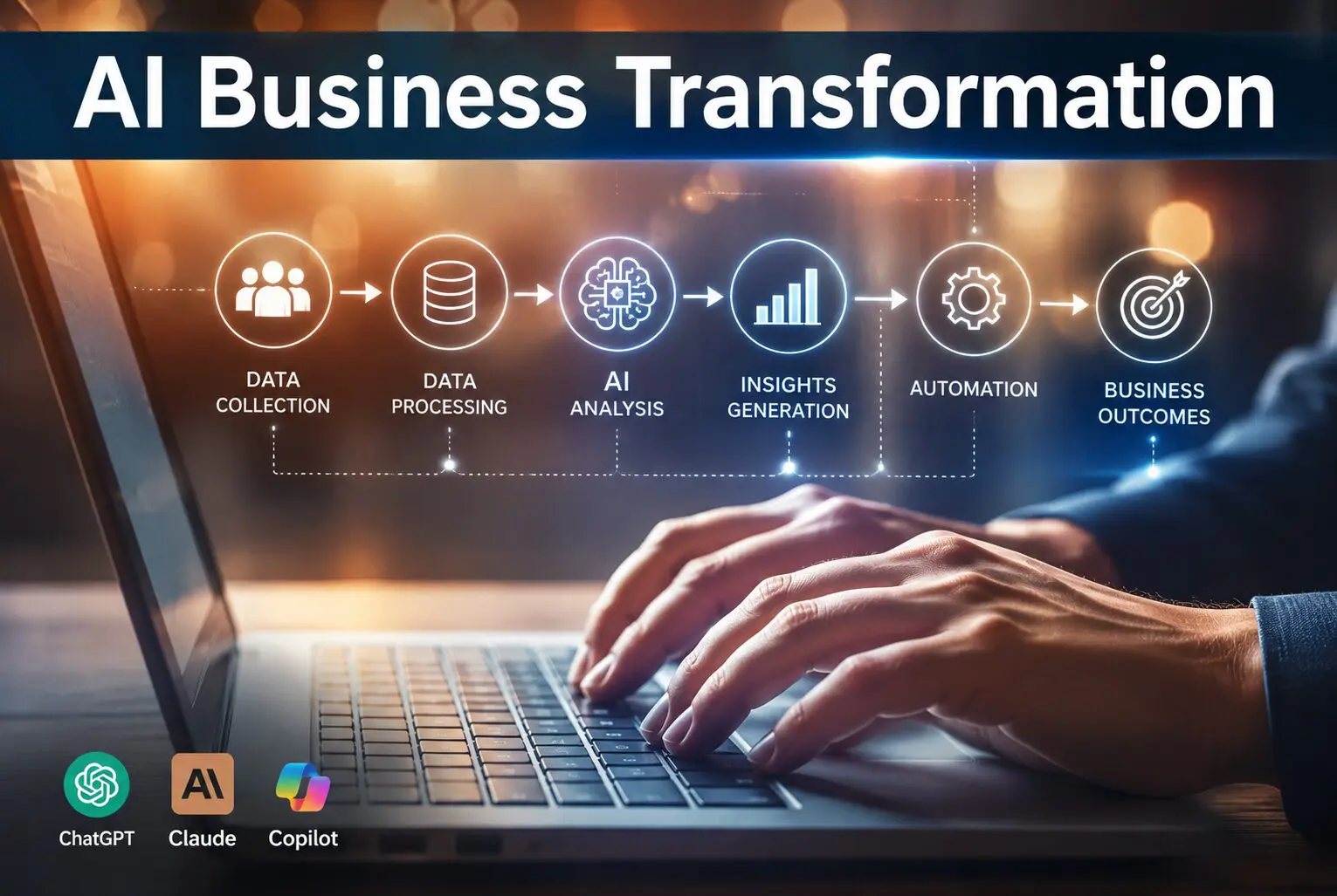 AI Business Transformation - workflow from data collection through AI analysis to business outcomes