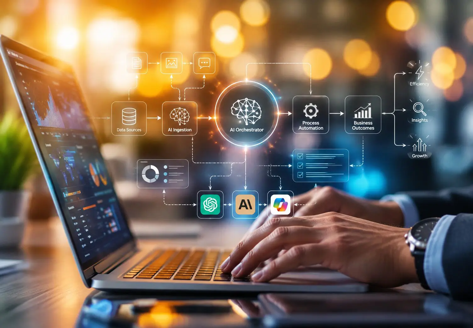 Person using a laptop with AI workflow icons showing data sources, AI orchestration, process automation and business outcomes